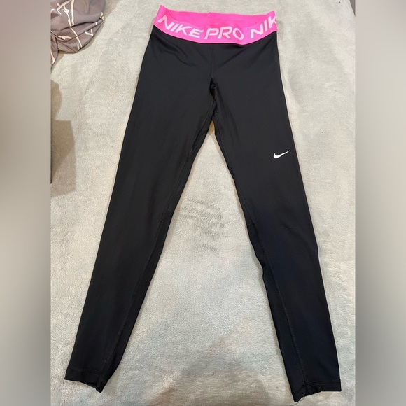 Nike Pro Black Leggings with Pink Waistband - Picture 1 of 6